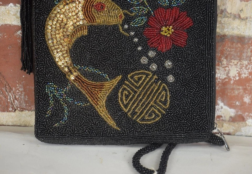 Chicos Beaded Fish Wristlet Purse Black With Sequins And Tassel