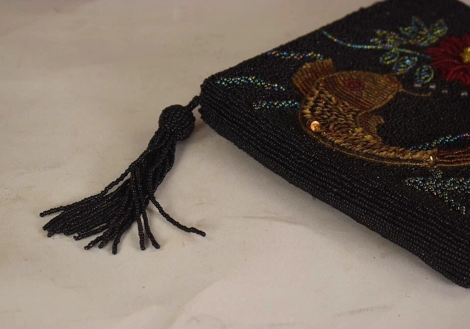 Chicos Beaded Fish Wristlet Purse Black With Sequins And Tassel