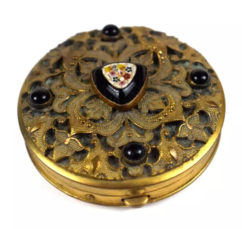 Antique Micro Mosaic Gold Ormolu Miniature Compact Mirror Case