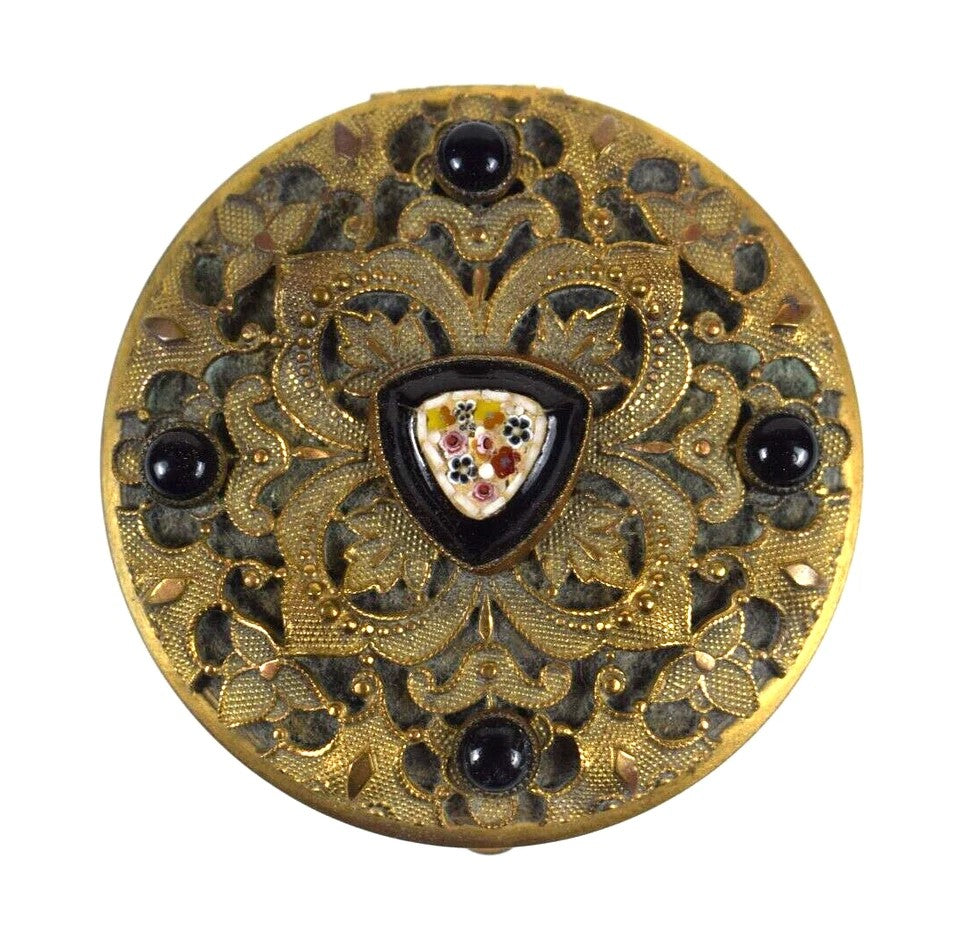 Antique Micro Mosaic Gold Ormolu Miniature Compact Mirror Case