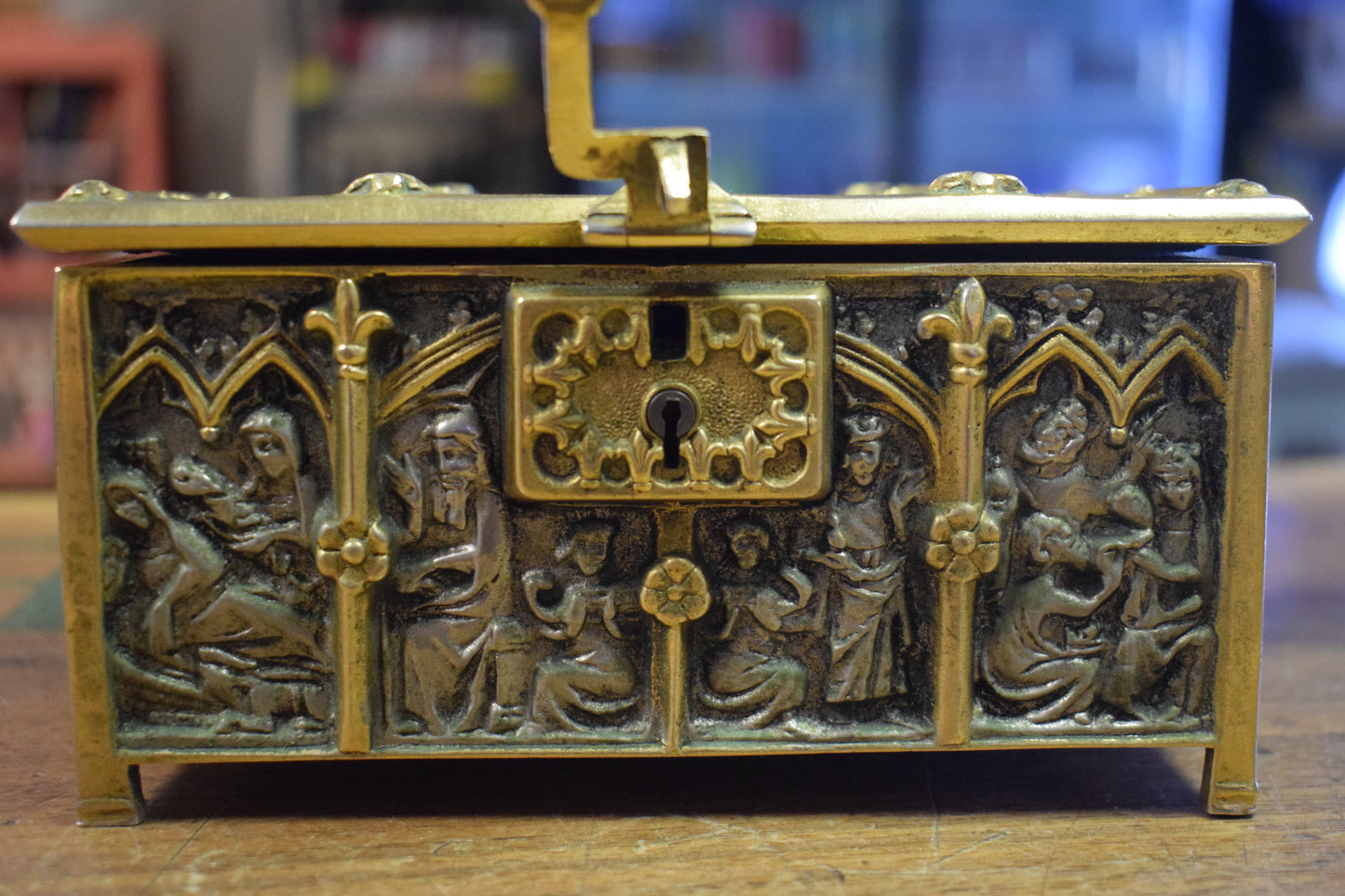 19th Century Gothic Style Brass Jewlery Casket with Religious Panels