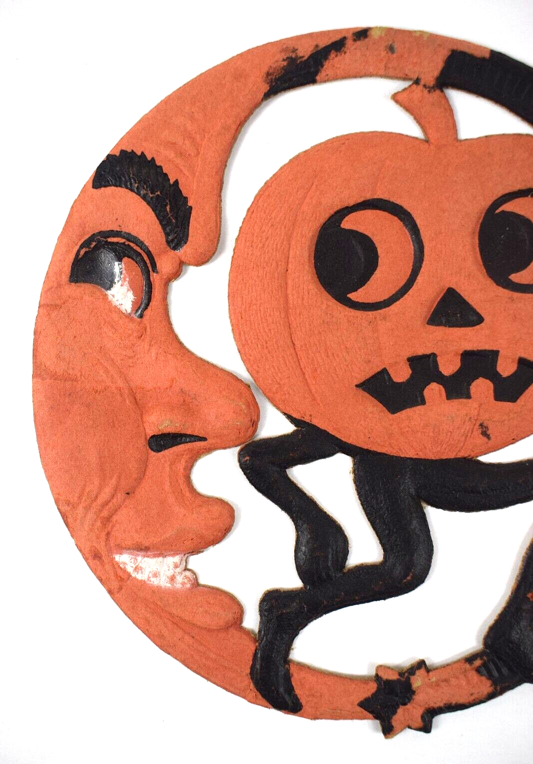 Vintage 1920's Halloween German Die Cut Pumpkin Man Running Crescent Moon
