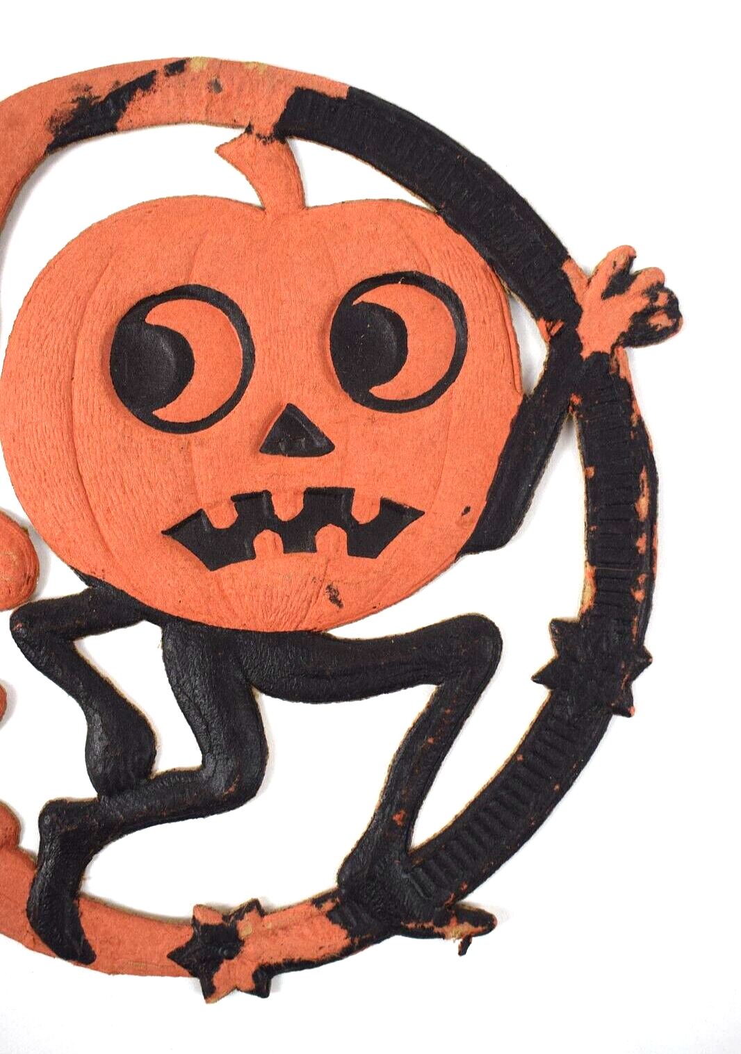 Vintage 1920's Halloween German Die Cut Pumpkin Man Running Crescent Moon