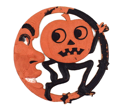 Vintage 1920's Halloween German Die Cut Pumpkin Man Running Crescent Moon